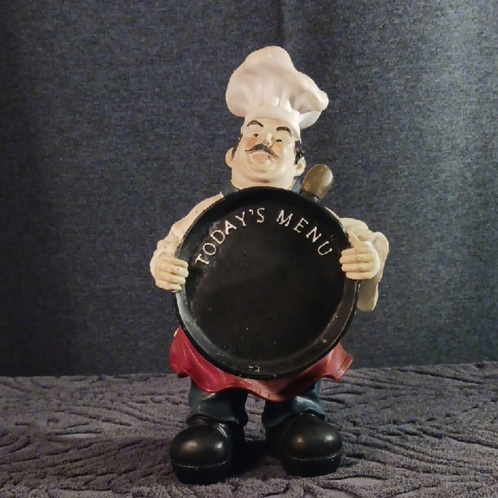 Chef with Hat & Red Apron Kitchen Decor Holding Today's Menu 13.5"